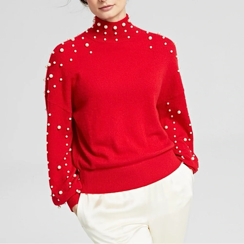 Charter Club 100% Cashmere Turtleneck Sweater with Pearl Accents - Picture 1 of 8
